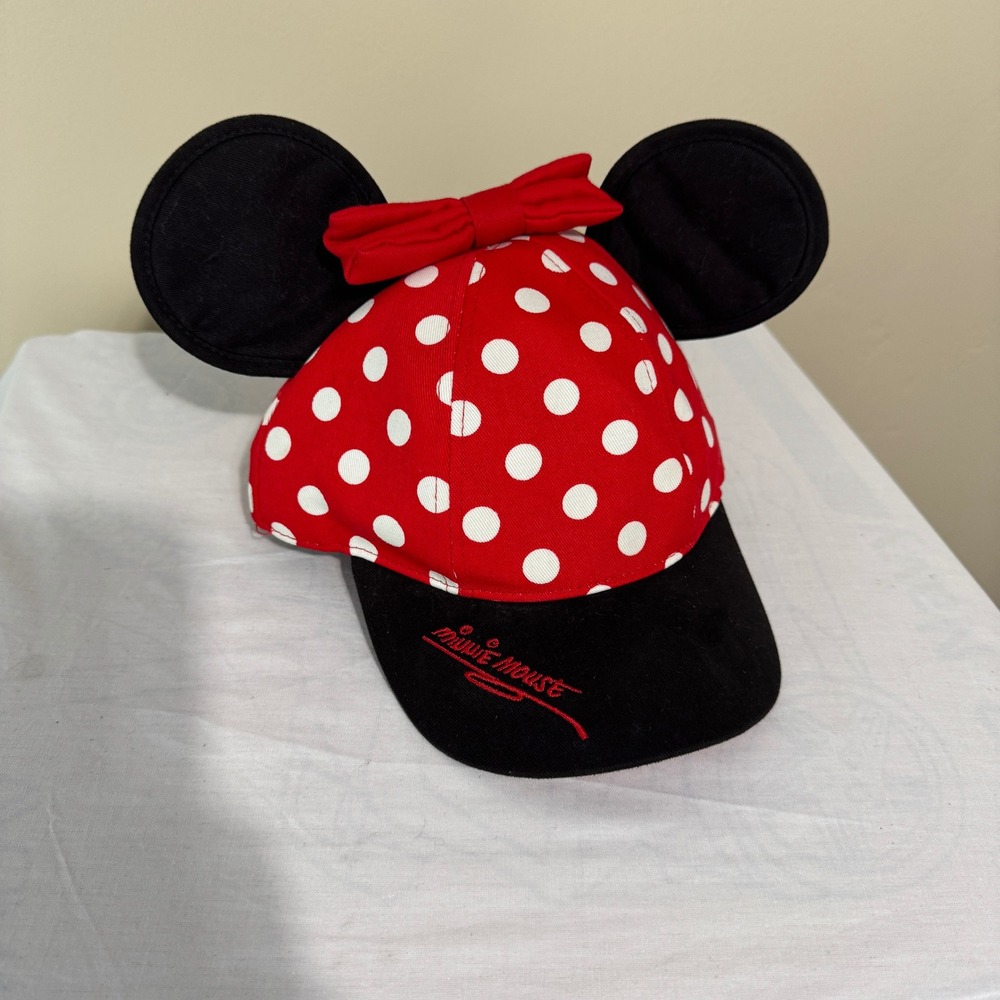 Disney Parks Minnie Mouse Polka Dot Snapback Hat Youth Red White Ears Bow Cap - Picture 6 of 7
